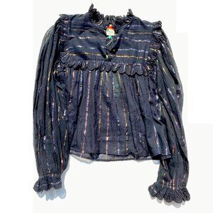 Farm Rio metallic stripe ruffle shirt, size XS. Lurex holiday blouse. NWT!